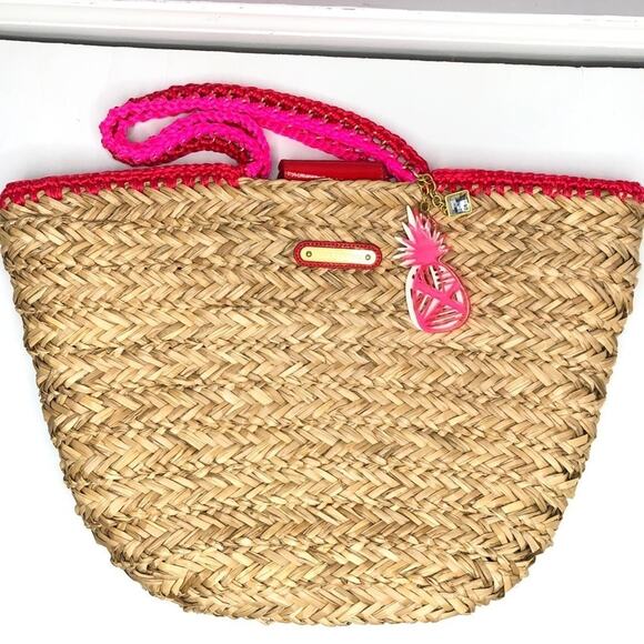 JUICY COUTURE Woven Seagrass Straw Tote Bag Purse Coastal Vacation Beach Charm